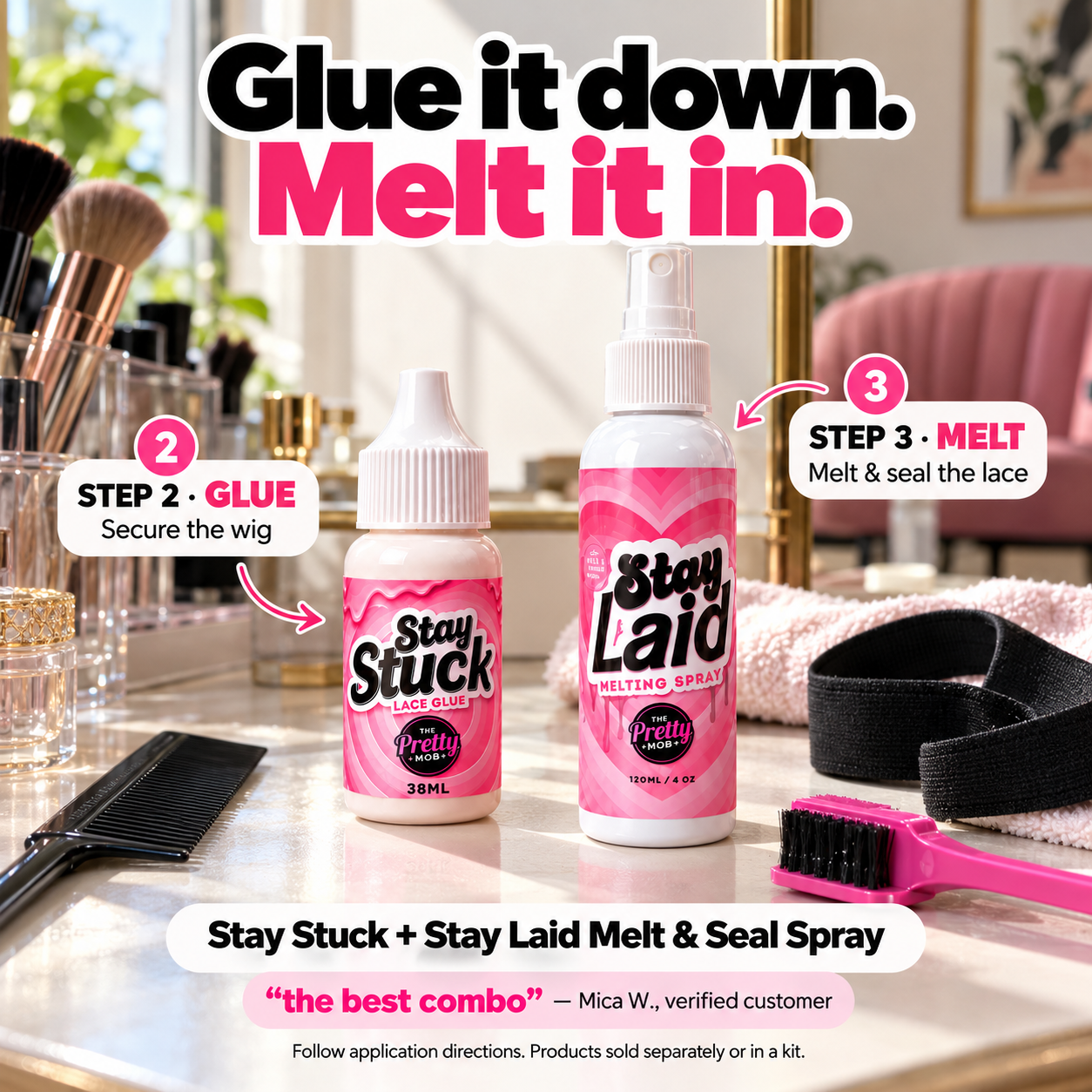 Step 2 Glue with Stay Stuck; Step 3 Melt with Stay Laid Melt & Seal Spray.